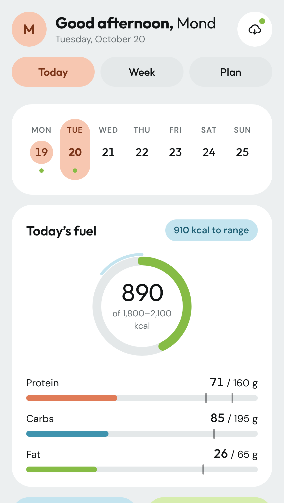 Version 2: peach active states, rounded cards, pill tabs, a week strip and a calorie ring.