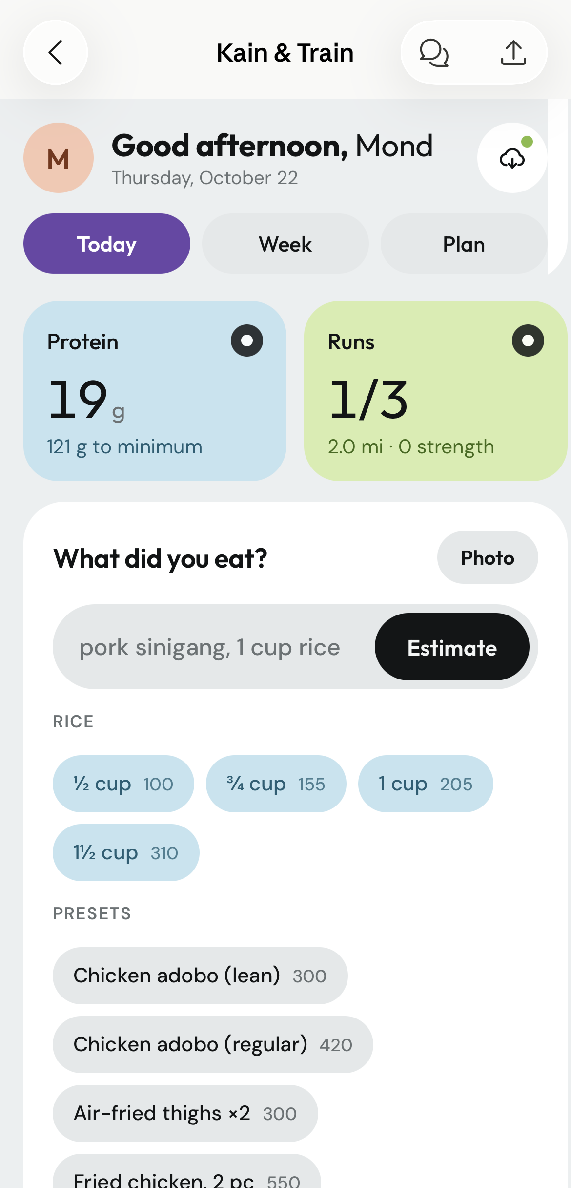 Today tab: protein 19 g with 121 g to the minimum, runs 1 of 3, a What did you eat? field reading pork sinigang, 1 cup rice, with Estimate, rice chips for ½, ¾, 1 and 1½ cups, and saved-meal presets such as Chicken adobo (lean), 300.