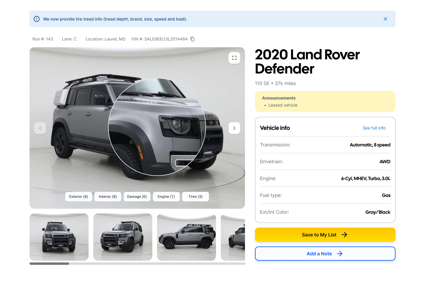After: the redesigned vehicle detail page for a 2020 Land Rover Defender, with photo group tabs for Exterior, Interior, Damage, Engine and Tires, a circular zoom lens on hover over the main photo, and a scrollable thumbnail row.