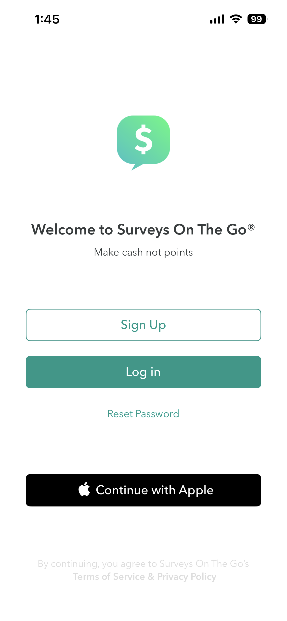 Welcome screen: Welcome to Surveys On The Go, Make cash not points, with Sign Up, Log in, Reset Password and Continue with Apple.