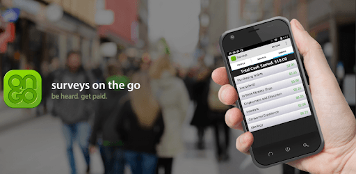 The old store banner: surveys on the go, be heard, get paid, next to a phone showing a list of earnings.
