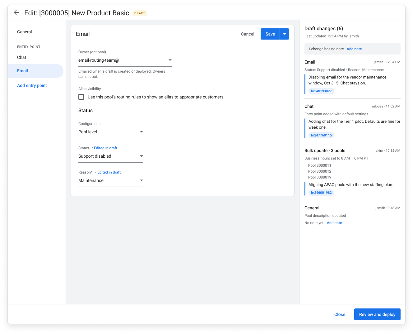 After: the same draft editor with annotations. Each change in the Draft changes panel shows its author, time, a note explaining why and a linked bug, and the panel flags the one change that has no note yet. An optional owner field sits at the top of the form.