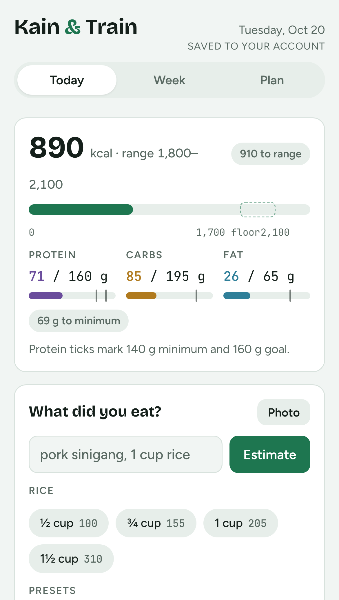 Version 1: green accent, compact cards and linear progress bars, with 890 kcal against a 1,700 kcal floor.
