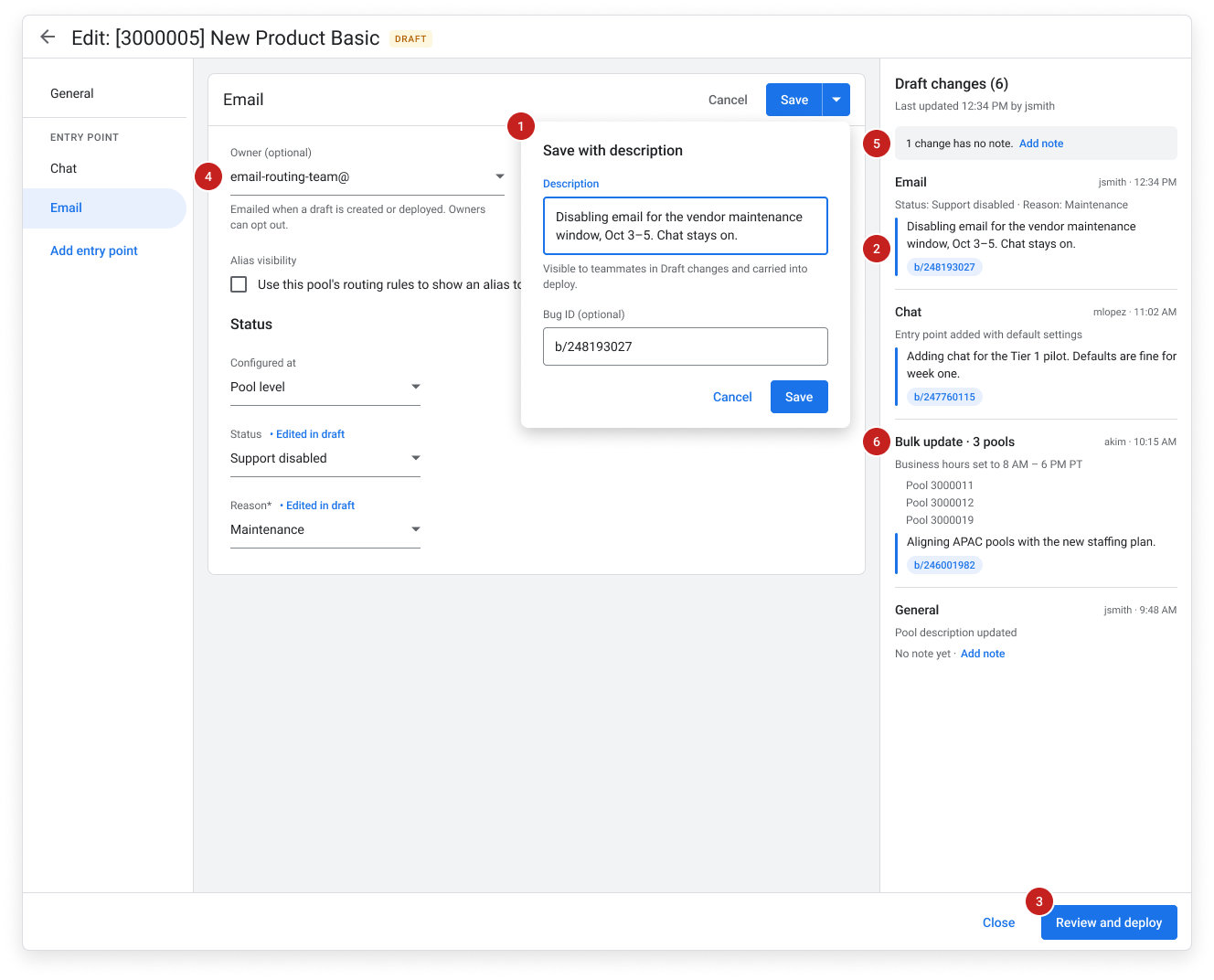 The annotated draft editor, with numbered callouts: 1, the Save with description dialog, where an admin adds a note and an optional bug ID to a change; 2, that note shown on the change in the Draft changes panel; 3, the Review and deploy button, where notes autofill; 4, the optional owner field; 5, the prompt that flags a change with no note; 6, a bulk update across three pools grouped as one change.