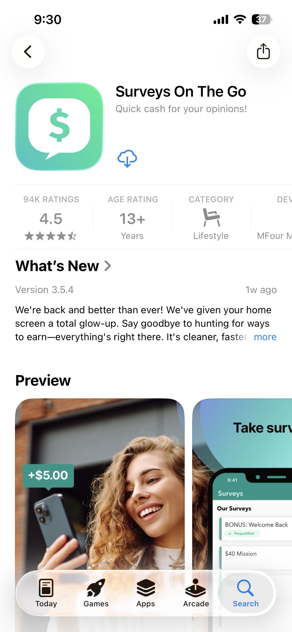 The Surveys On The Go App Store listing, with the new dollar-sign speech-bubble icon and the tagline Quick cash for your opinions.