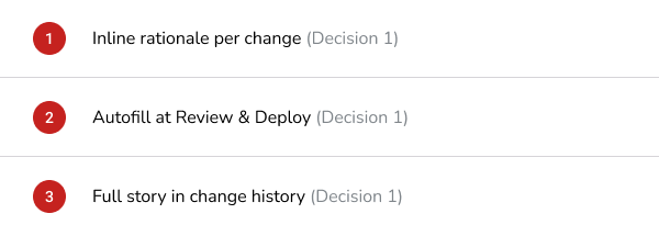 Callouts 1 to 3: inline rationale per change (decision 1); autofill at Review and Deploy (decision 1); full story in change history (decision 1).