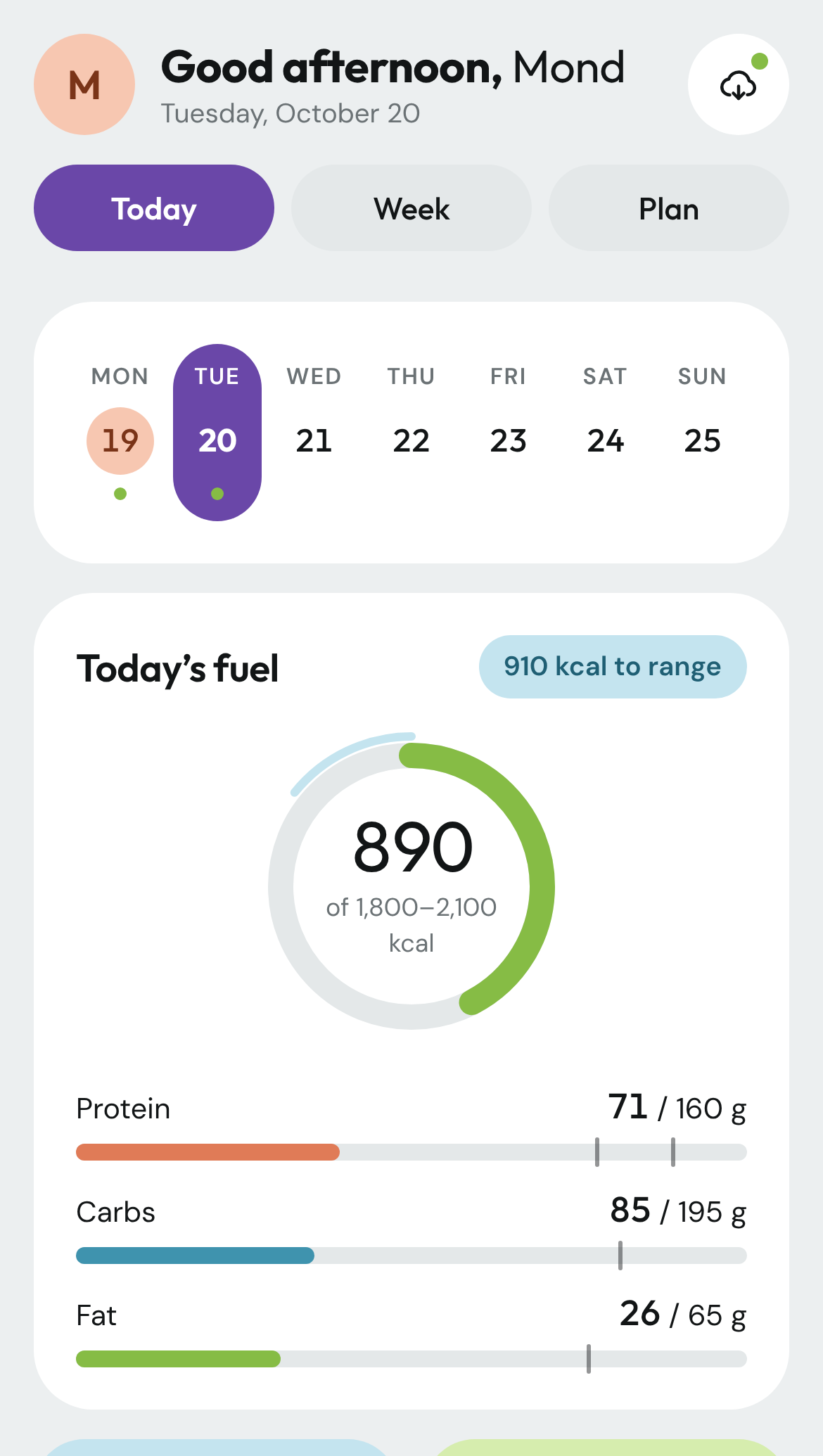 Version 3: the same layout with ube purple on the active tab and the selected day.