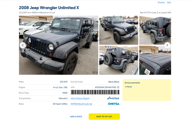 Before: the old vehicle detail page for a 2008 Jeep Wrangler Unlimited X, with one large photo, a grid of four smaller photos and arrow buttons for moving through the gallery one photo at a time.